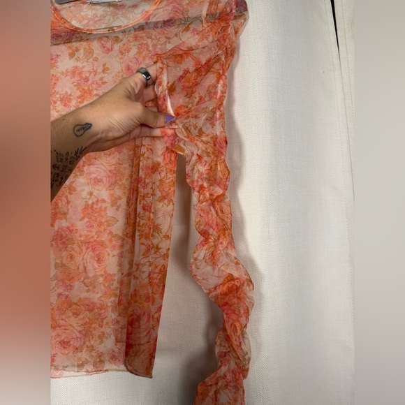 Zara Sheer Mesh Red Orange Pink Floral Long Sleeve Top Medium - Picture 8 of 9